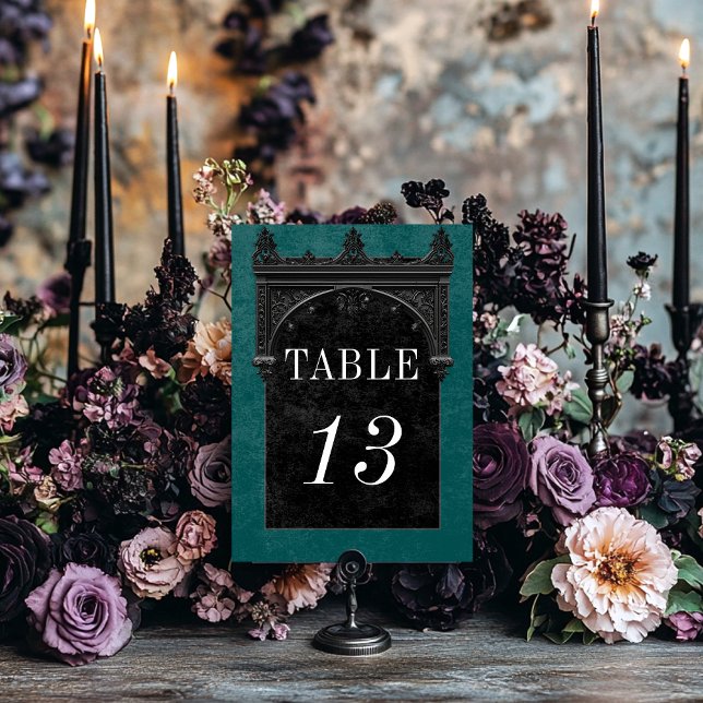 Gothic Black Raven & Black Arch Teal Wedding Table Number (Creator Uploaded)