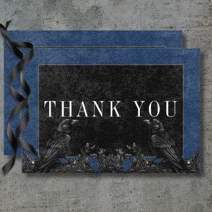 Gothic Black Raven & Black Roses Blue Details Thank You Card