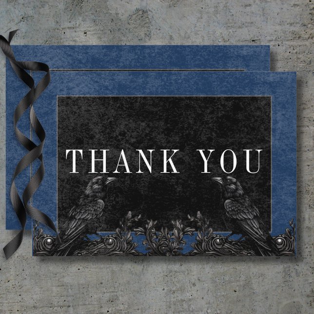 Gothic Black Raven & Black Roses Blue Details Thank You Card (Gothic Black Raven & Black Roses Blue Details Thank You Card)