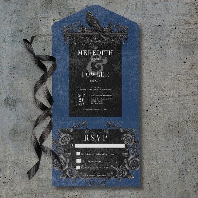 Gothic Black Raven & Black Roses Blue No Dinner All In One Invitation (Gothic Black Raven & Black Roses Blue No Dinner All In One Invitation)