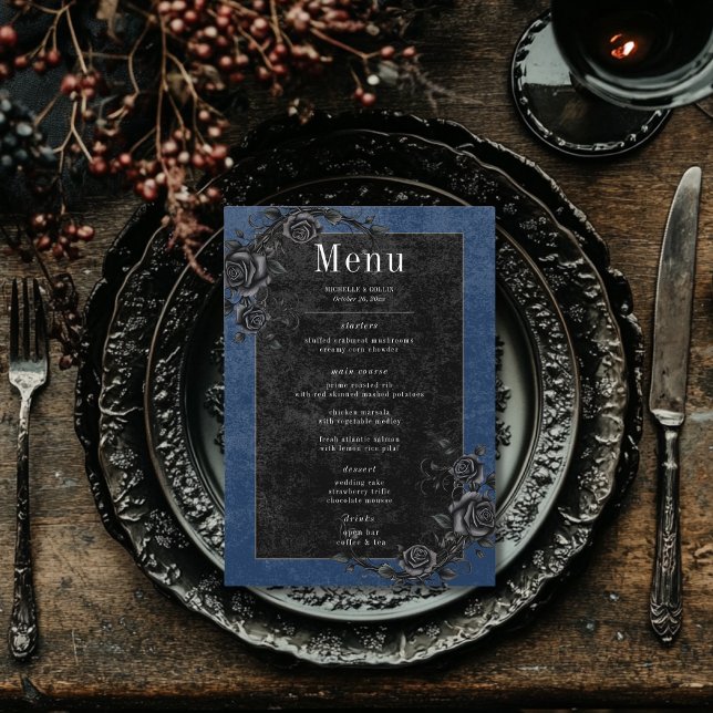 Gothic Black Raven & Black Roses Blue Wedding Menu (Gothic Black Raven & Black Roses Blue Wedding Menu)