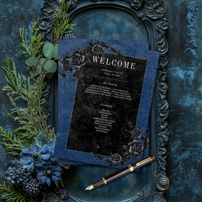 Gothic Black Raven & Black Roses Blue Wedding Programme (Creator Uploaded)