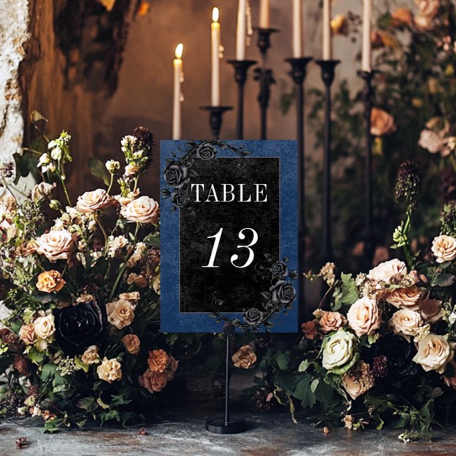 Gothic Black Raven & Black Roses Blue Wedding Table Number (Creator Uploaded)