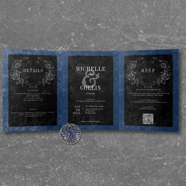 Gothic Black Raven & Black Roses Blue Wedding Tri-Fold Invitation (Gothic Black Raven & Black Roses Blue Wedding Tri-Fold Invitation)