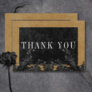 Gothic Black Raven & Black Roses Gold Details Thank You Card