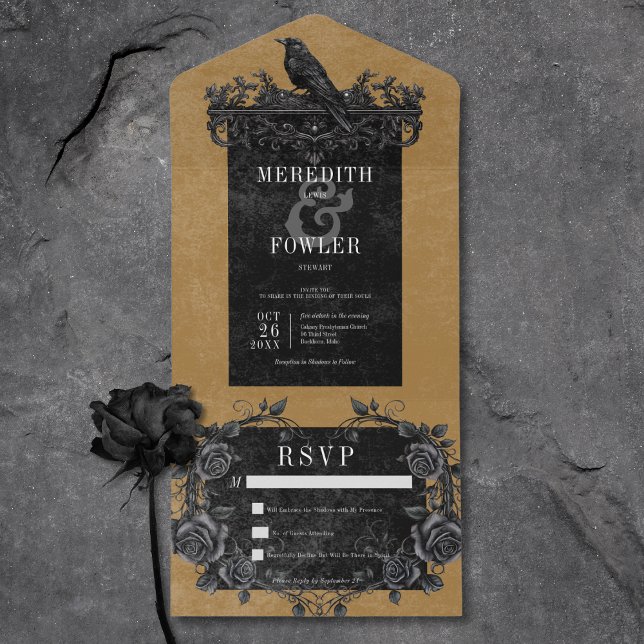 Gothic Black Raven & Black Roses Gold No Dinner All In One Invitation (Gothic Black Raven & Black Roses Gold No Dinner All In One Invitation)
