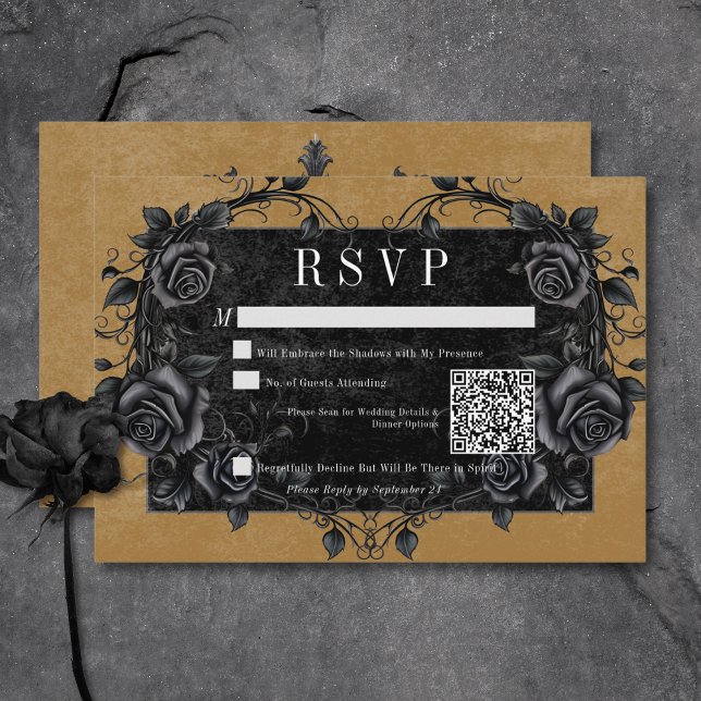 Gothic Black Raven & Black Roses Gold QR Code RSVP Card (Gothic Black Raven & Black Roses Gold QR Code RSVP Card)