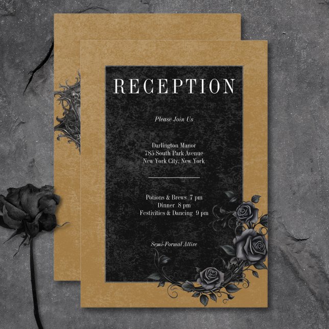 Gothic Black Raven & Black Roses Gold Reception Enclosure Card (Gothic Black Raven & Black Roses Gold Reception Enclosure Card)