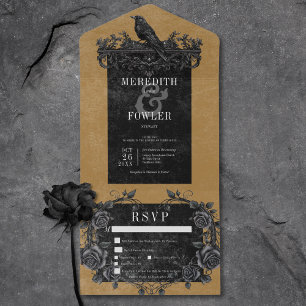 Gothic Black Raven & Black Roses Gold Three Dinner All In One Invitation