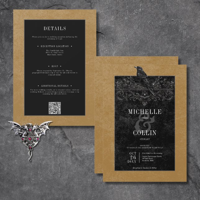 Gothic Black Raven & Black Roses Gold Two Sided Invitation (Gothic Black Raven & Black Roses Gold All In One Invitation)