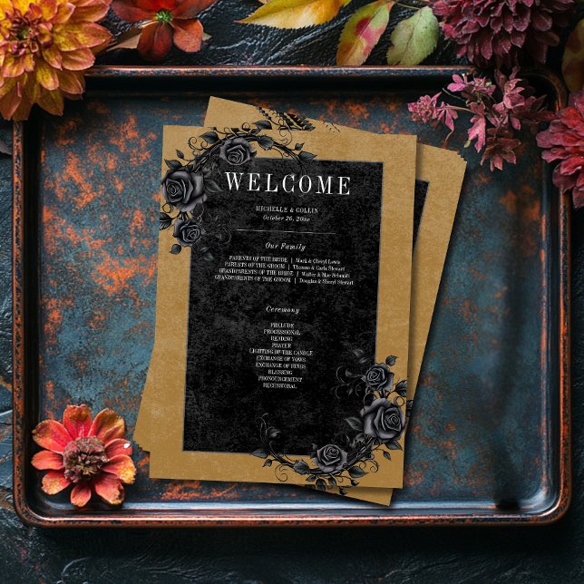 Gothic Black Raven & Black Roses Gold Wedding Programme (Creator Uploaded)