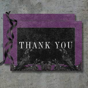 Gothic Black Raven & Black Roses Purple Details Thank You Card