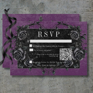 Gothic Black Raven & Black Roses Purple QR Code RSVP Card