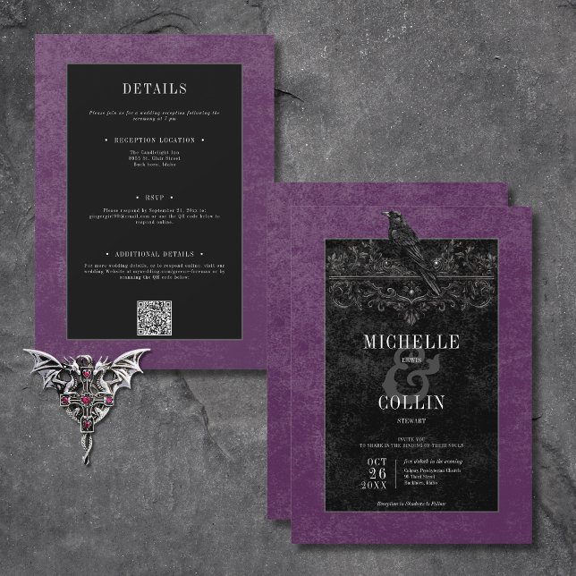 Gothic Black Raven & Black Roses Purple Two Sided Invitation (Gothic Black Raven & Black Roses Purple All In One Invitation)