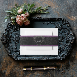 Gothic Black Raven & Black Roses Purple Wedding Invitation Belly Band