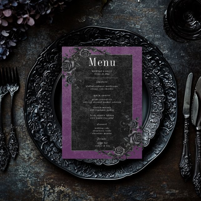 Gothic Black Raven & Black Roses Purple Wedding Menu (Creator Uploaded)
