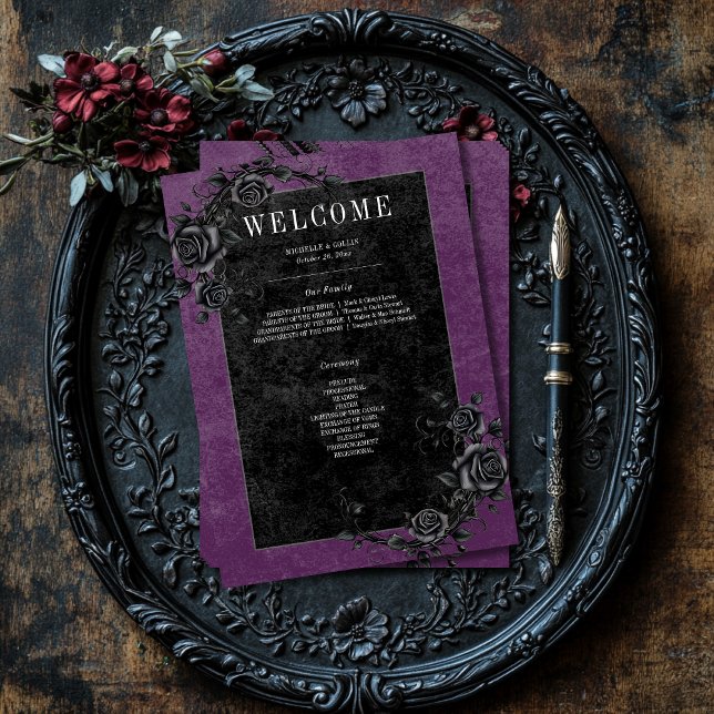 Gothic Black Raven & Black Roses Purple Wedding Programme (Gothic Black Raven & Black Roses Purple Wedding Program)