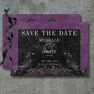 Gothic Black Raven & Black Roses Purple Wedding Save The Date