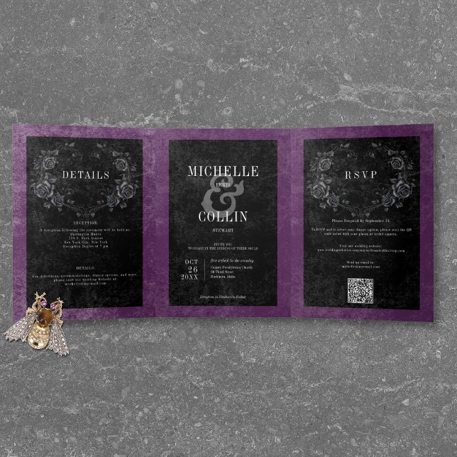Gothic Black Raven & Black Roses Purple Wedding Tri-Fold Invitation (Gothic Black Raven & Black Roses Purple Wedding Tri-Fold Invitation)