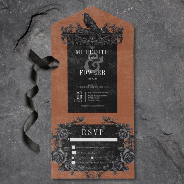 Gothic Black Raven & Black Roses Rust Dinner All In One Invitation (Gothic Black Raven & Back Roses Rust All In One Wedding Invitation with Dinner Options)