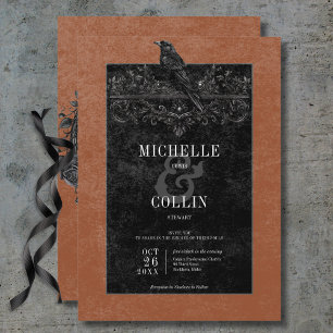Gothic Black Raven & Black Roses Rust Wedding Invitation
