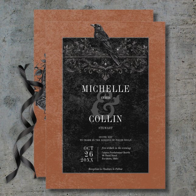 Gothic Black Raven & Black Roses Rust Wedding Invitation (Gothic Black Raven & Black Roses Rust Wedding Invitation)