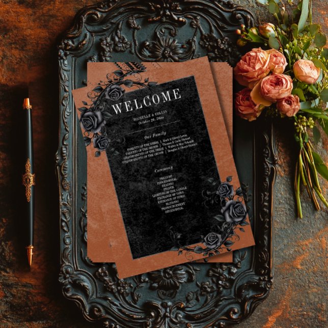 Gothic Black Raven & Black Roses Rust Wedding Programme (Creator Uploaded)