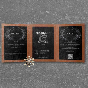 Gothic Black Raven & Black Roses Rust Wedding Tri-Fold Invitation
