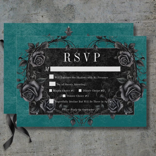 Gothic Black Raven & Black Roses Teal Dinner RSVP Card (Gothic Black Raven & Black Roses Teal Dinner RSVP Card)