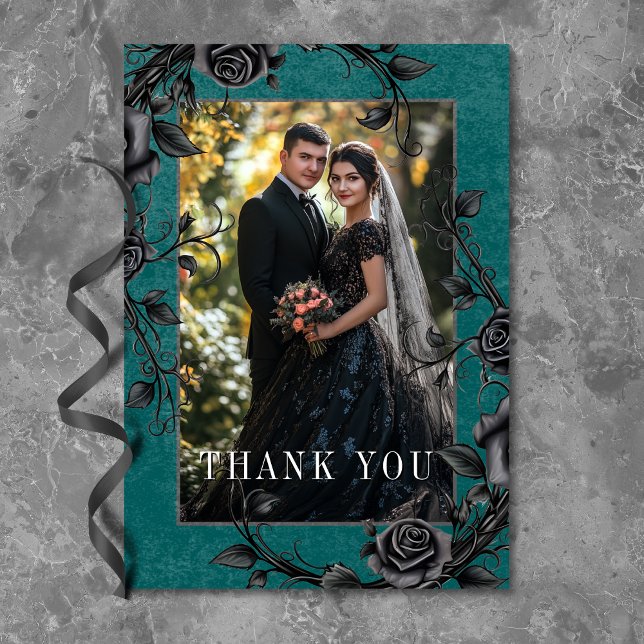 Gothic Black Raven Black Roses Teal Photo Wedding Thank You Card (Gothic Black Raven Black Roses Teal Photo Wedding Thank You Card)