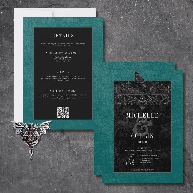 Gothic Black Raven & Black Roses Teal Two Sided Invitation (Gothic Black Raven & Black Roses Teal All In One Invitation)