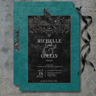 Gothic Black Raven & Black Roses Teal Wedding Invitation