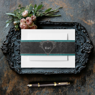 Gothic Black Raven & Black Roses Teal Wedding Invitation Belly Band