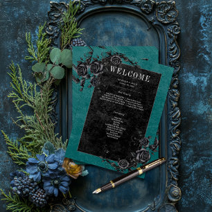 Gothic Black Raven & Black Roses Teal Wedding Programme