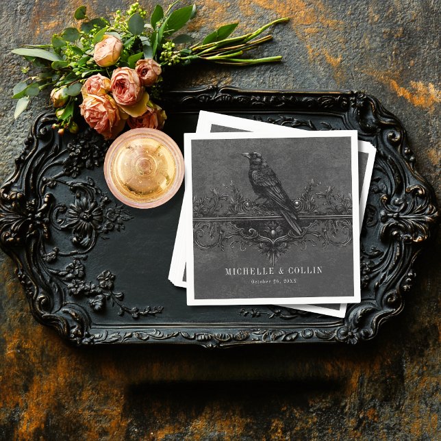 Gothic Black Raven & Black Roses Wedding Napkin (Creator Uploaded)