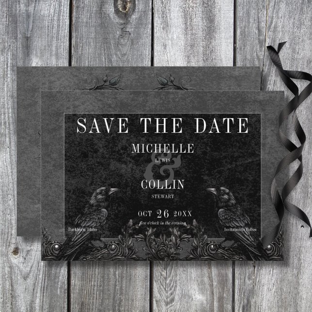 Gothic Black Raven & Black Roses Wedding Save The Date (Gothic Black Raven & Black Roses Wedding Save The Date Card)