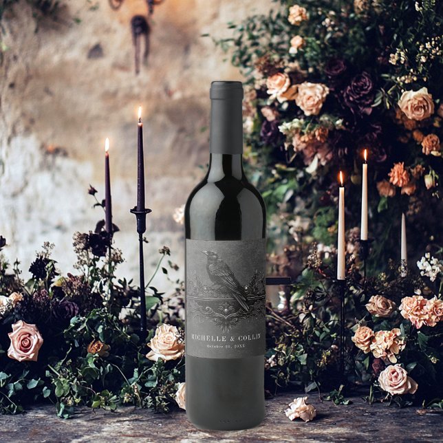 Gothic Black Raven & Black Roses Wedding Wine Label (Creator Uploaded)