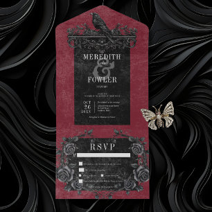 Gothic Black Raven & Black Roses Wine Dinner All In One Invitation