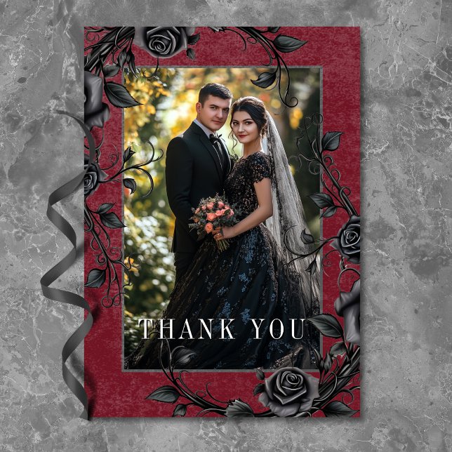 Gothic Black Raven Black Roses Wine Photo Wedding Thank You Card (Gothic Black Raven Black Roses Wine Photo Wedding Thank You Card)