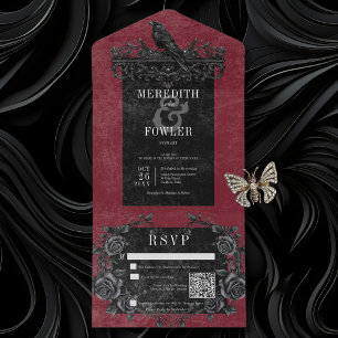Gothic Black Raven & Black Roses Wine QR Code All In One Invitation