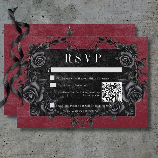 Gothic Black Raven & Black Roses Wine QR Code RSVP Card (Gothic Black Raven & Black Roses Wine QR Code RSVP Card)