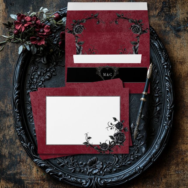 Gothic Black Raven & Black Roses Wine Wedding Envelope (Creator Uploaded)
