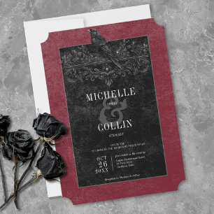 Gothic Black Raven & Black Roses Wine Wedding Invitation