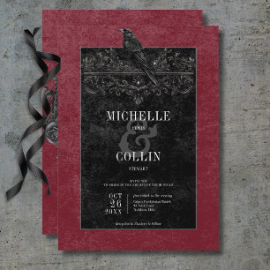 Gothic Black Raven & Black Roses Wine Wedding Invitation