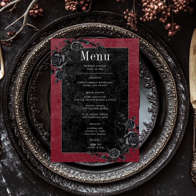 Gothic Black Raven & Black Roses Wine Wedding Menu (Creator Uploaded)