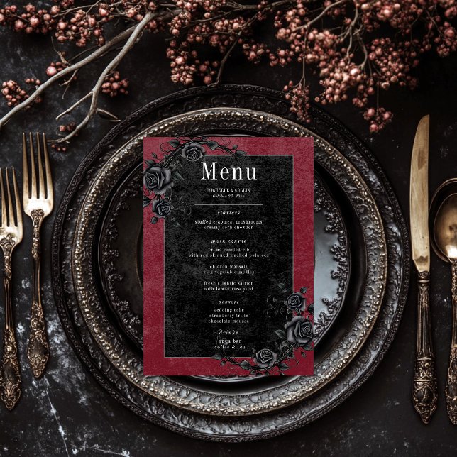 Gothic Black Raven & Black Roses Wine Wedding Menu (Creator Uploaded)