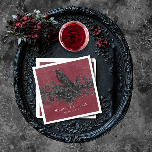 Gothic Black Raven & Black Roses Wine Wedding Napkin