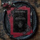 Gothic Black Raven & Black Roses Wine Wedding Programme<br><div class="desc">Transport your guests to a world of dark, enchanting elegance with our vintage gothic wedding program card. The deep, aged burgundy wine background and black roses sets the stage for a striking contrast, as bold white text emerges from intricate black text boxes, which adds a touch of dramatic allure. Unleash...</div>