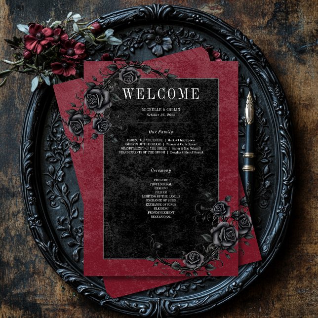 Gothic Black Raven & Black Roses Wine Wedding Programme (Creator Uploaded)