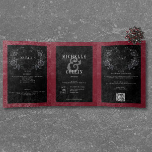 Gothic Black Raven & Black Roses Wine Wedding Tri-Fold Invitation